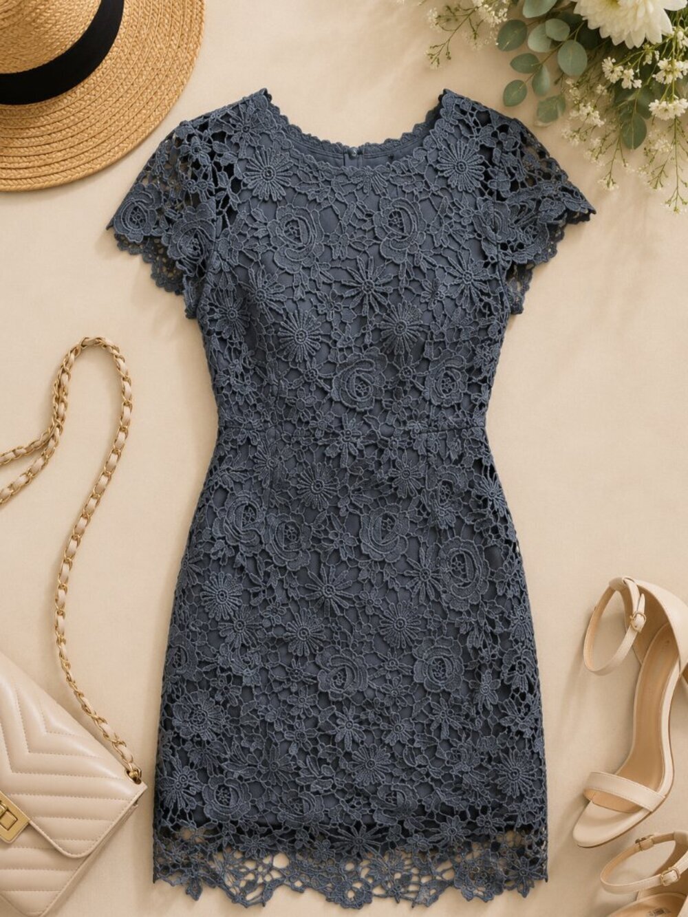 Lulus Black Floral Lace Overlay Mini Dress Size Medium Short Sleeve